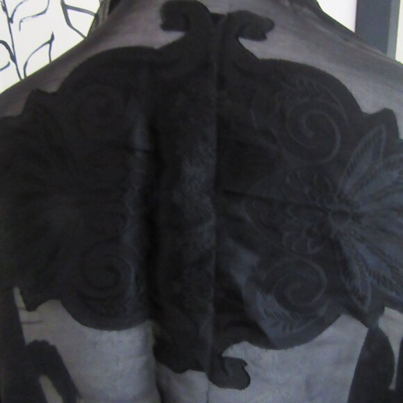 Sheer black shawl scarf with floral & paisley black on black patterns 78" x 21" - Picture 5 of 14